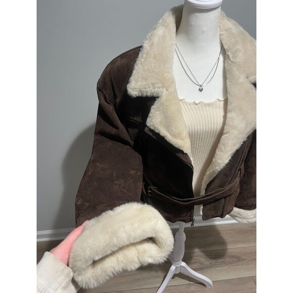 90s Adventure Bound Leather Shearling Sherpa Deep Pile Fur Bomber Jacket Women M - Picture 6 of 9